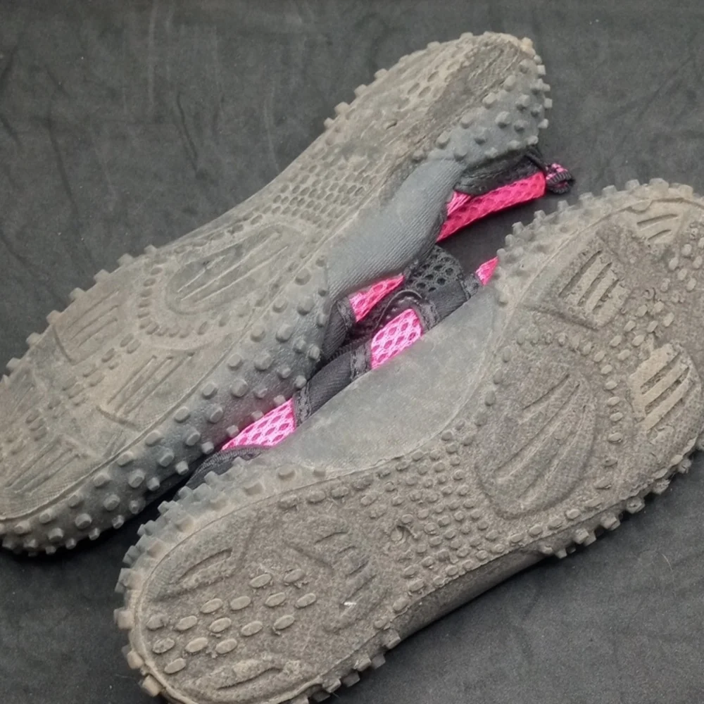 Ladies Size 7 Pink and Black Water Shoes with Rugged Sole and Breathable Mesh
